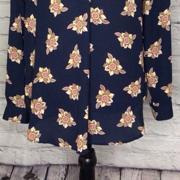 LOFT Navy Faraway Floral Split Neck Tunic Long Sleeve Roll Tab Pullover Small - Picture 5 of 16
